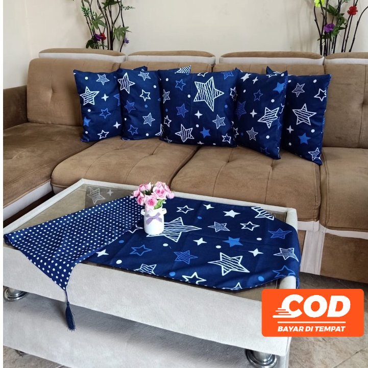 COD PAKET SARUNG BANTAL KURSI SOFA SET 5 PCS 40x40 DAN TAPLAK MEJA TAMU PREMIUM MEWAH ANEKA WARNA MO