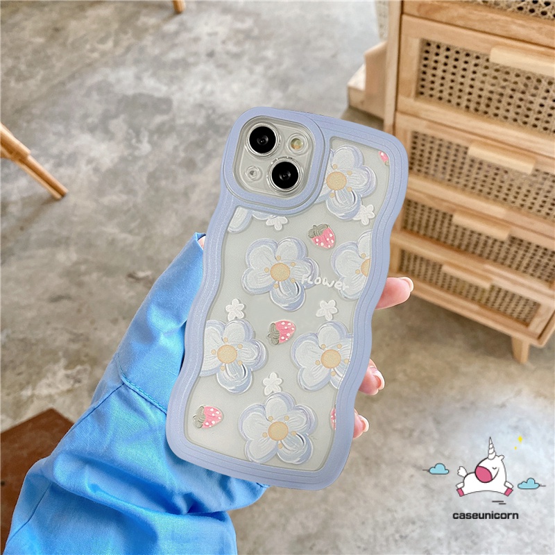 Flowers Case Realme C53 10 C55 9 9i 7 7i 9 Pro+5 6i 5i 8 8Pro C33 C30 C12 C25 C35 C21Y C25Y C11 C25s 8i C15 C3 C1 C20A C20 C20A Lembut Lucu Strawberry Flower Wavy Edge Frame Sarung