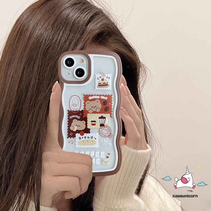 Casing Redmi 12C 10C 9 9A 10 9T 9C NFC 10A Note 10 9 8 11 10s 11s 11s 10Pro 9Pro 9s 11Pro+Mi 11T Pro POCO M3 X3 Pro NFC Retro Vintage Cute Bear Coffee Lembut Bergelombang Tepi Casing Hp