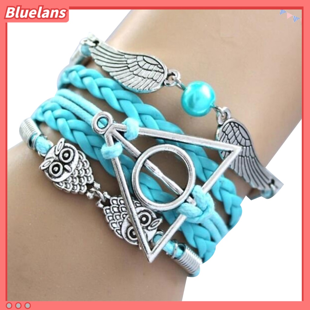 Bluelans Bracelet Harry P-otter Deathly Hallows Faux Leather Braided Alloy Multilayer Braided Bangle Jewelry