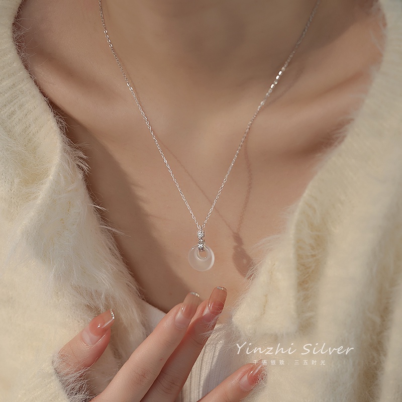 Kalung Rantai Klavikula 925 Sterling Silver Liontin Giok Bulat Untuk Aksesoris Wanita