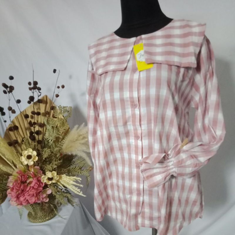 Blouse kemeja korea wanita motif kotak katun murah import