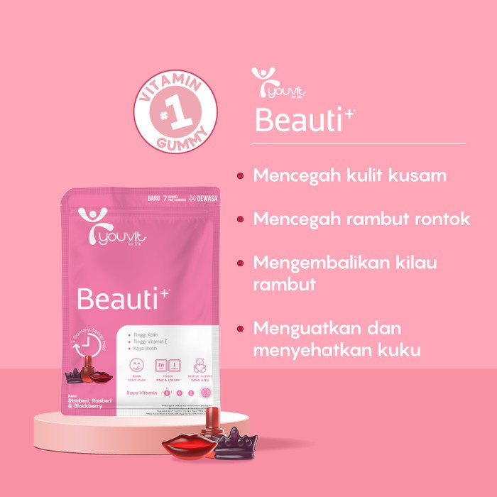 Youvit Beauti+ Multivitamin sachet isi 7 gummy | Beauty plus Vit E, C, Zink dan Biotin