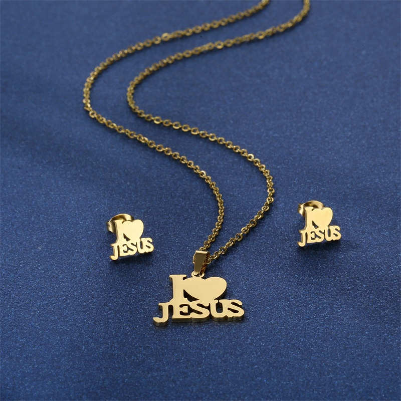 Kalung Anting Jimat Agama Yesus Tulisan i Love Jesus Bahan Stainless Steel S925 Untuk Wanita