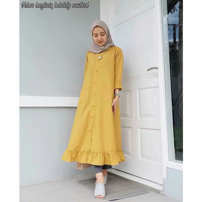 GAMIS Baju Fahion Muslim Wanita Tunik Gamis Velove Long Tunik Bahan Wolfis - Cream abaya dewasa term
