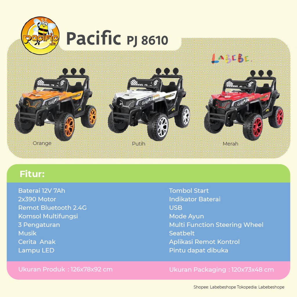 Mobil Aki Anak Pacific PJ 8610 Jeep Dengan Remot Kontrol