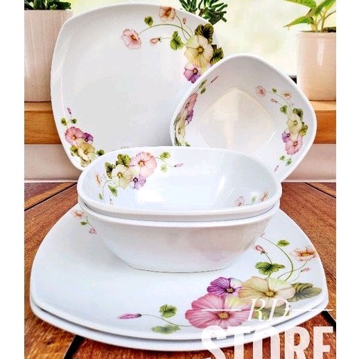 PROMO SET 6.PCS / ISI 3.PIRING &amp; 3.MANGKOK MOTIF ROSE MELAMINE