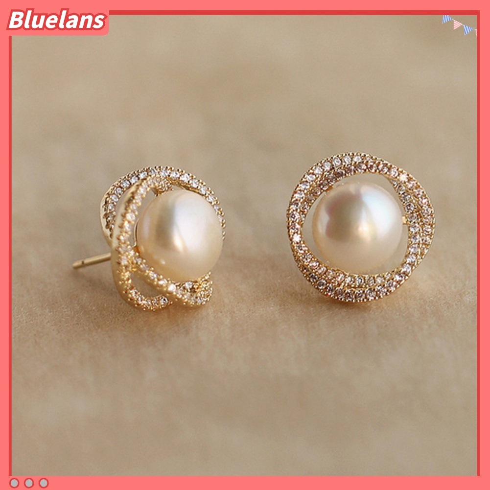 Anting Stud Silver Plated Bentuk Bulat Aksen Mutiara Tiruan Untuk Wanita