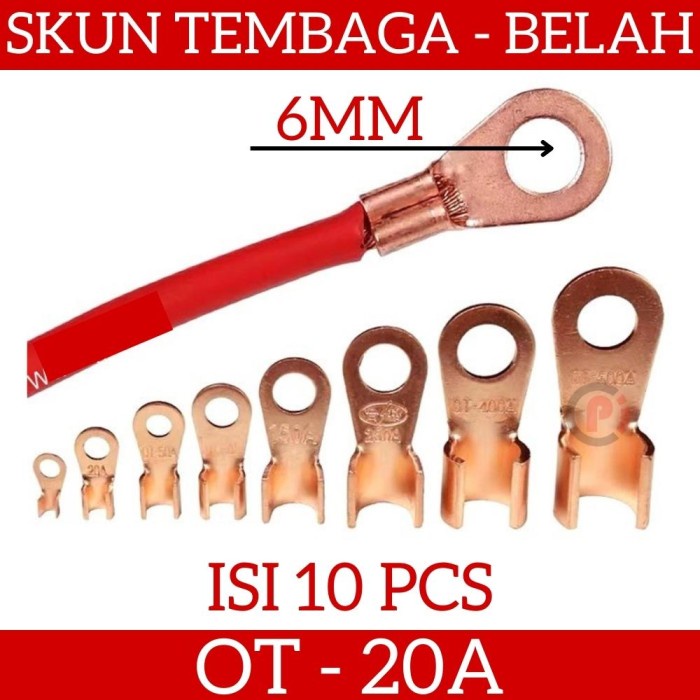 Isi 10 Pcs Skun Kabel CU Tembaga Belah OT 20A 6mm For Kabel Konektor