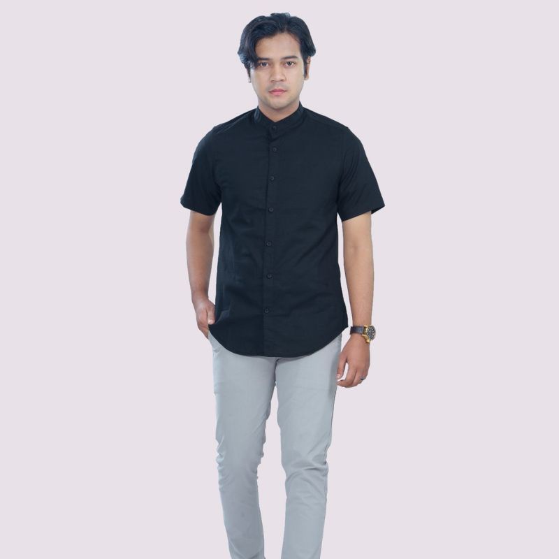 Kemeja Pria Lengan Pendek Kerah Shanghai Slim fit Warna Polos