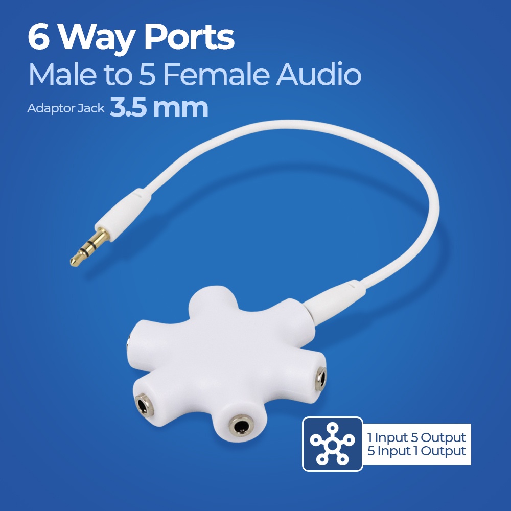 6 Way Ports Male to 5 Female Audio Earphone 3.5mm Jack Splitter Adapter - OMSK66WH White