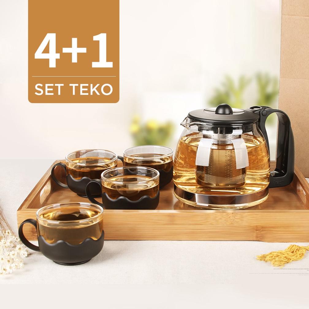 MINISO TEKO TEAPOT SET TEH SEDERHANA 5PCS/SET TEH KETEL KACA TEAPOT DENGAN 4PCS GELAS PRAKTIS KANTOR