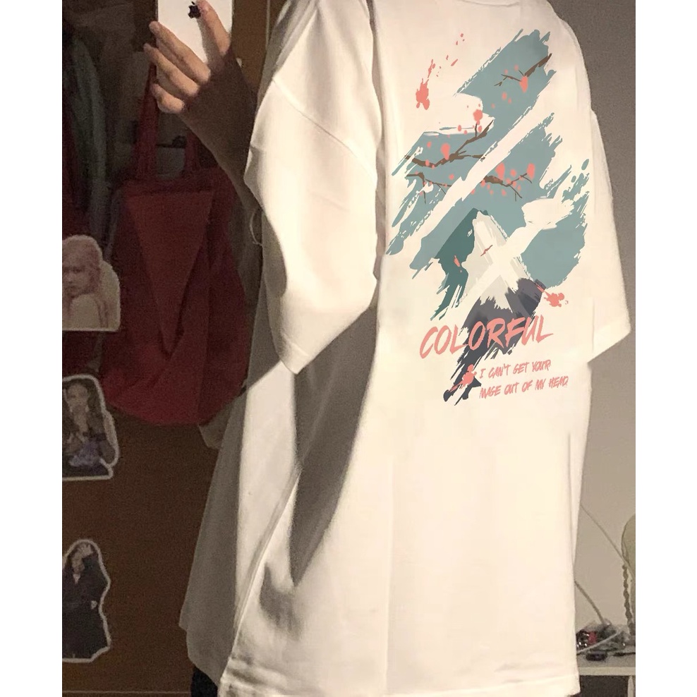 EUNII T-shirt Lengan Pendek Bunga Sakura Lanskap Pencetakan Longgar Korean Style/Kaos Atasan Wanita/Baju Kaus Oversize Wanita