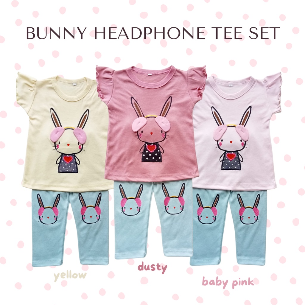 setelan harian anak perempuan lengan pendek setelan legging panjang baju anak perempuan baju balita perempuan baju bayi anak cewek BUNNY HEADPHONE TEE SET