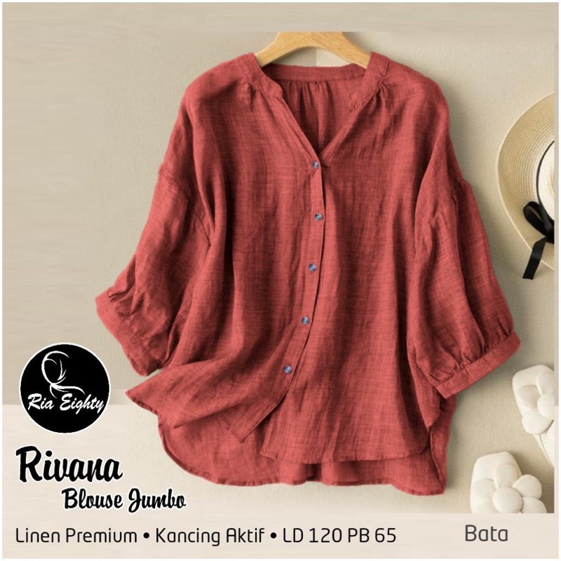 Kemeja Polos Linen Kerah Sanghai Lengan 3/4 Kemeja Wanita Rivana Shirt