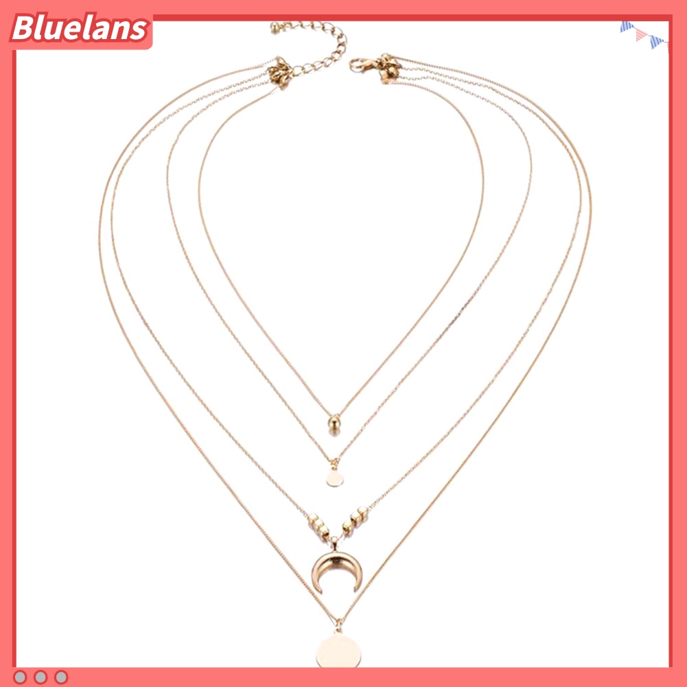 Bluelans Women Retro Alloy 4 Layers Moon Beaded Round Pendant Charm Chain Necklace Choker