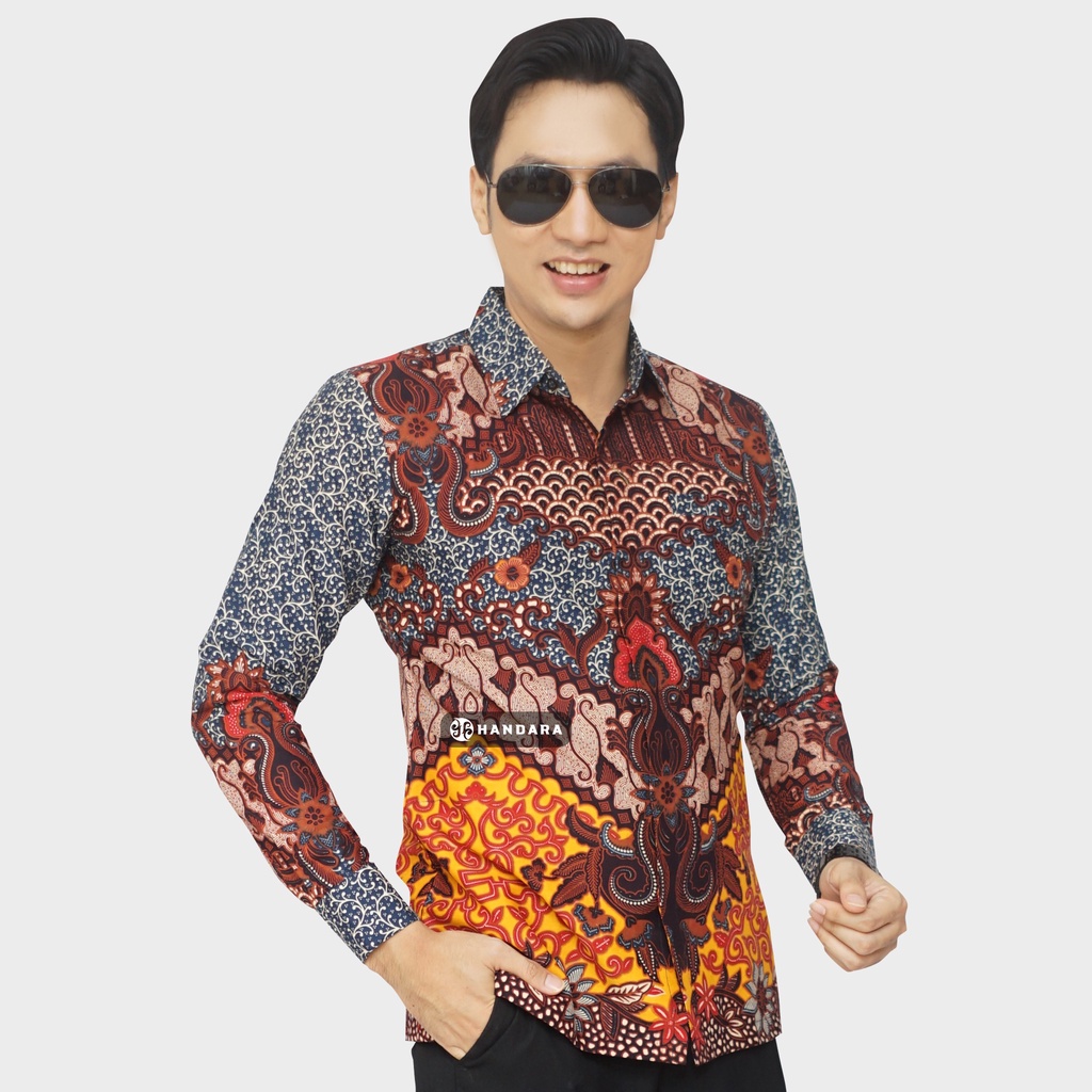 Baju Kemeja Batik Pria Lengan Panjang Slim Fit Premium Modern Full Furing Katun Halus Original Handara Motif Wishaka Biru Oren HB-190