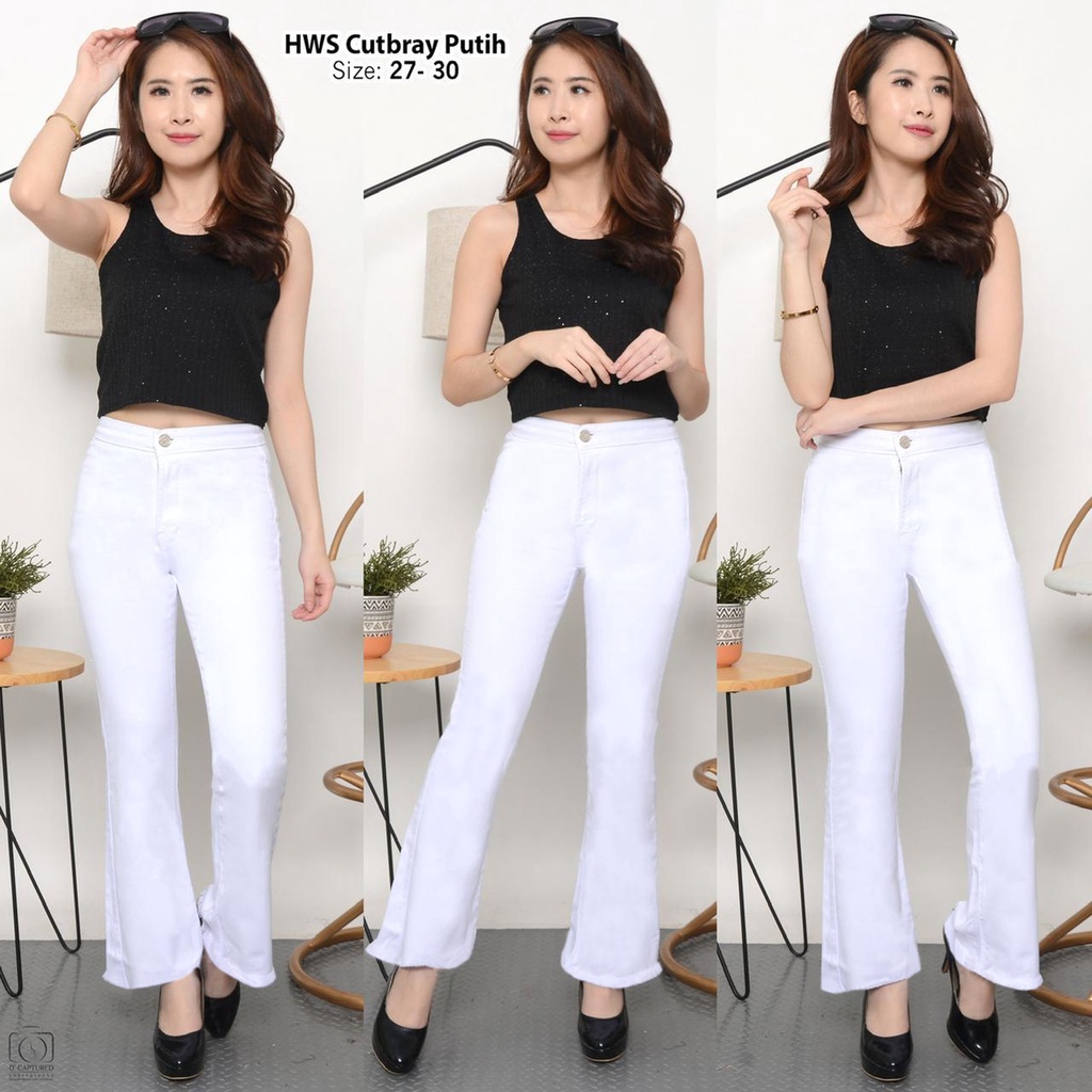 BESS - Celana CutBray Highwaist Cotton Strench Wanita - WHITE