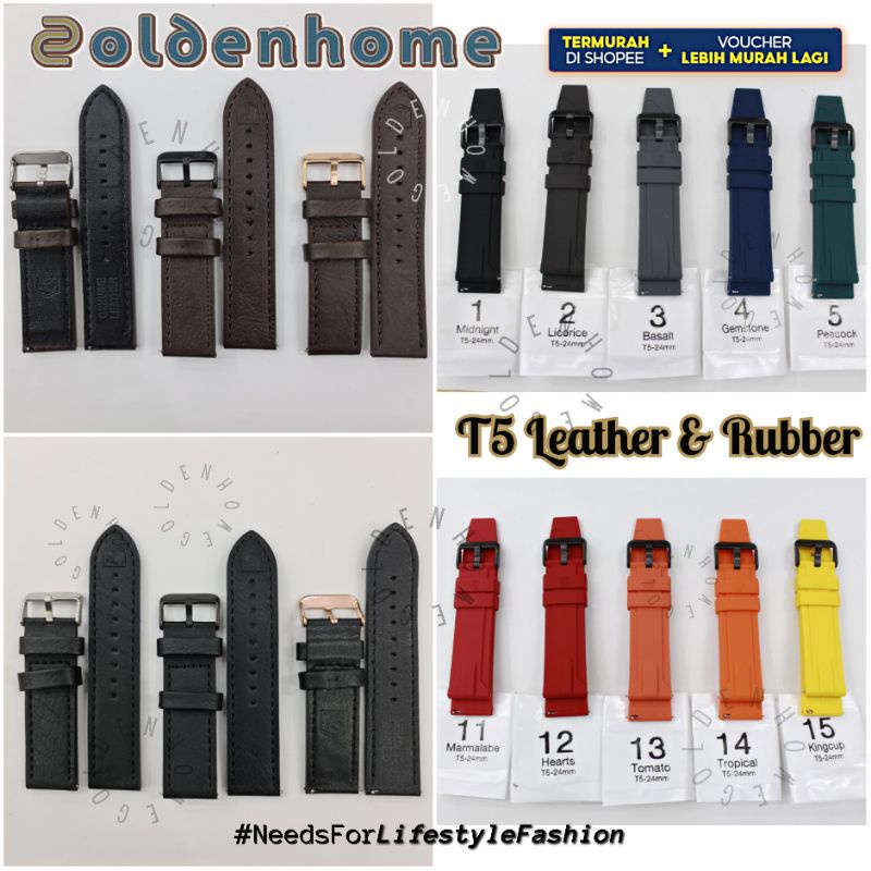 STRAP JAM TANGAN KULIT & RUBBER 24MM JAM TANGAN PRIA T5 LEATHER T5 RUBBER T5 ORIGINAL STRAP CADANGAN