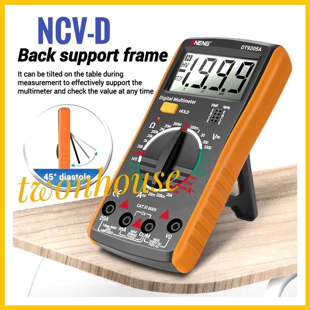 Multimeter Digital Avometer Multitester NCV DT9205A DMM Multimeter Profesional Digital HFE AC DC Tegangan Saat Ini 1000V 20A Tester Dioda Kontinuitas Resistensi Kapasitansi ANENG Digital Multimeter Voltage Tester - DT9205A-3