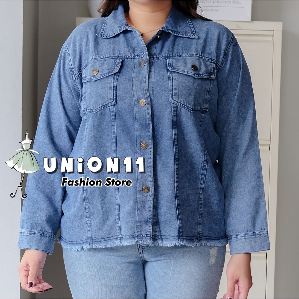 UNION11 - JAKET JUMBO WANITA JEANS WASHED / JACKET JUMBO WANITA LD 120 / BAJU JUMBO WANITA / JAKET WANITA BIGSIZE / OUTER JUMBO WANITA XXXL / ATASAN JUMBO XXXL WANITA KAORI