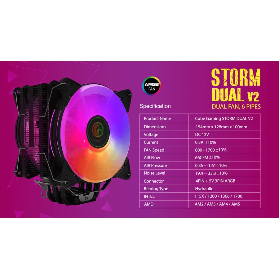 CUBE GAMING STORM V2 - DUAL FAN ARGB - Universal Socket (AM5 Ready)