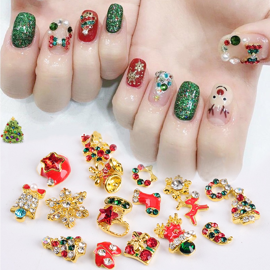 【 COD 】 Hiasan Kuku 3D Bentuk Snowflake Tree Natal Bahan Metal / ISI 10PCS / Tema Natal Untuk Nail Art