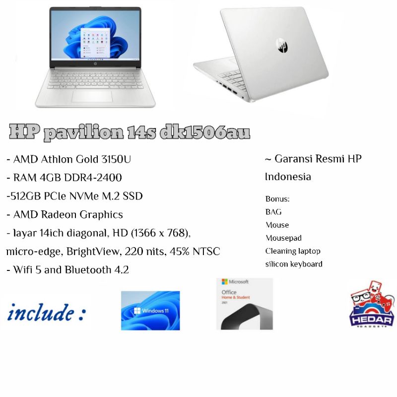 HP 14s dk1506au AMD Athlon Gold 3150U 4GB 512GB Radeon W11 OHS 14 HD