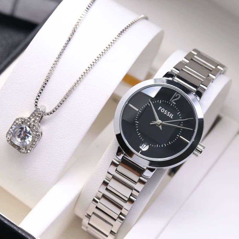 Jam Tangan Wanita Free Kalung Terlaris Stainliss Steel Fashion Kasual