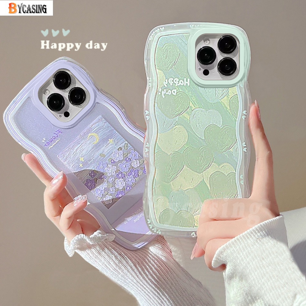 Realme 10 C31 C33 C35 C30 Realme5 6i 5s 5i C15 C55 C21Y C25Y C11 C12 C25 C11 2021 C20 C20A C3 C1 Case Lukisan Minyak Hijau Love Hati Ungu Bunga Wavy Edge TPU Soft Clear Cover BY