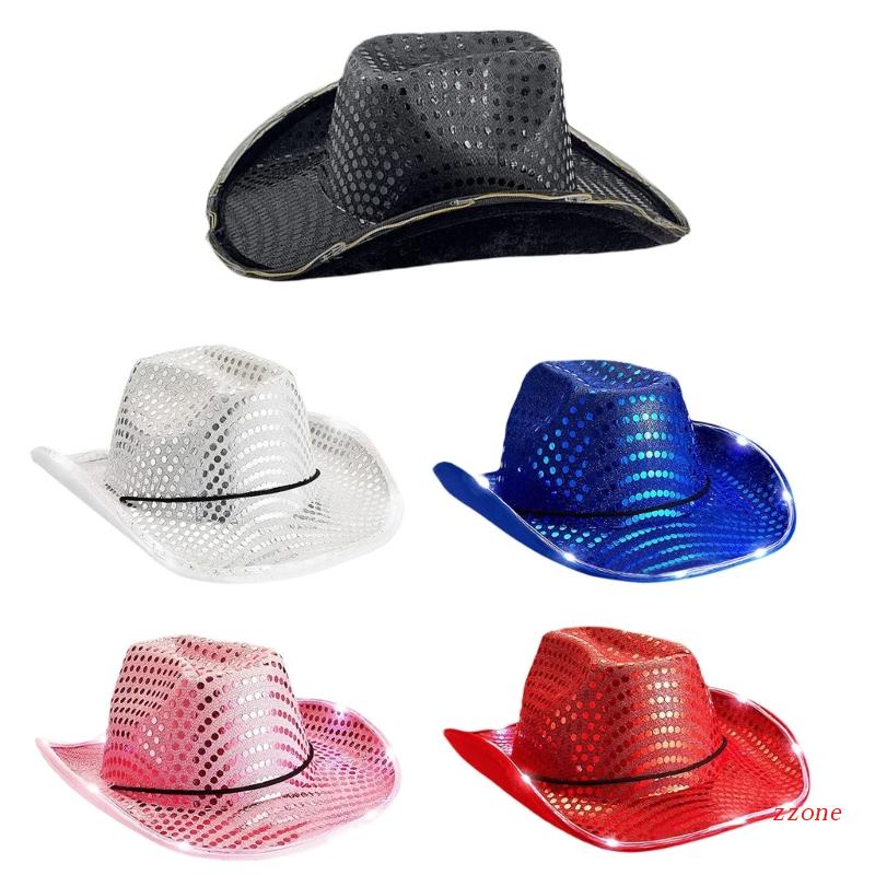 Topi Cowboy Hias Sequin Dengan Lampu LED Gaya Vintage