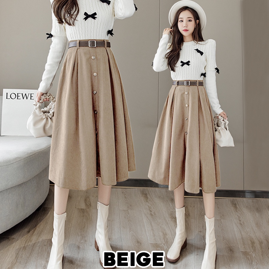 KARAKOREA 9856 Loona Skirt + Belt (Rok autumn/Rok Midi/Rok Kerja/ Midi Skirt)/Rok Korea Skirt