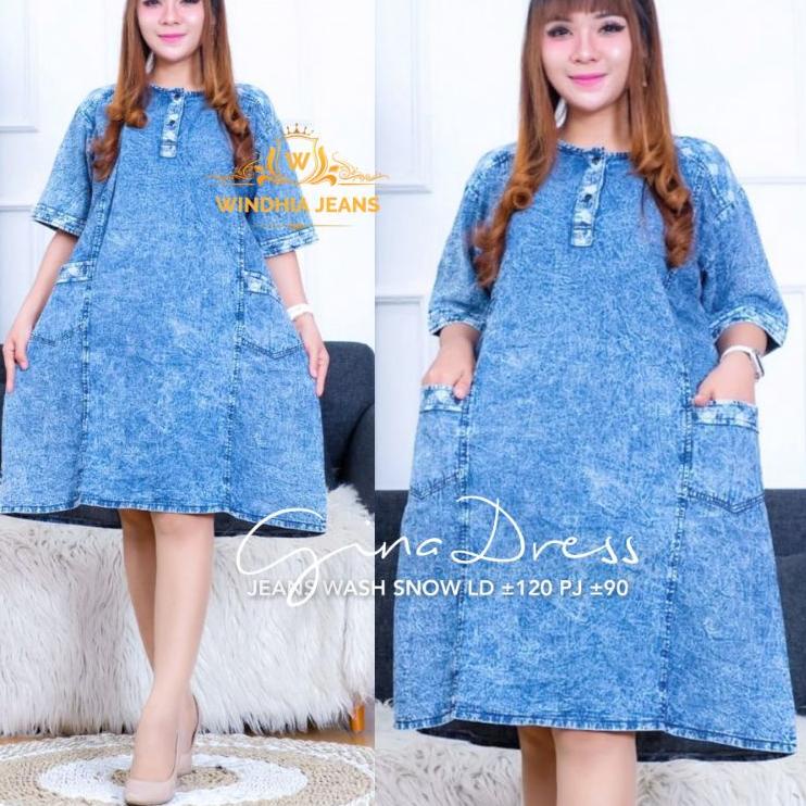 Gina Casual Dres Dress Jean Jeans Jins Denim Pakaian Fashion Wanita Jumbo Big Size • NIO.18Oc22ᶜ