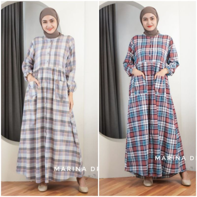 MARINA DRESS GAMIS KATUN TRISET VIRAL MOTIF KOTAK KOTAK SQUARE BUSUI JUMBO SAKU DRESS CASUAL FORMAL 