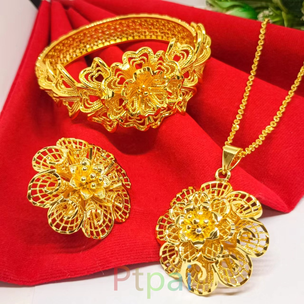 satu set gelang kendari+kalung+cincin gold 24K perhiasan hadiah bunga fashion dubai xuping terbaru