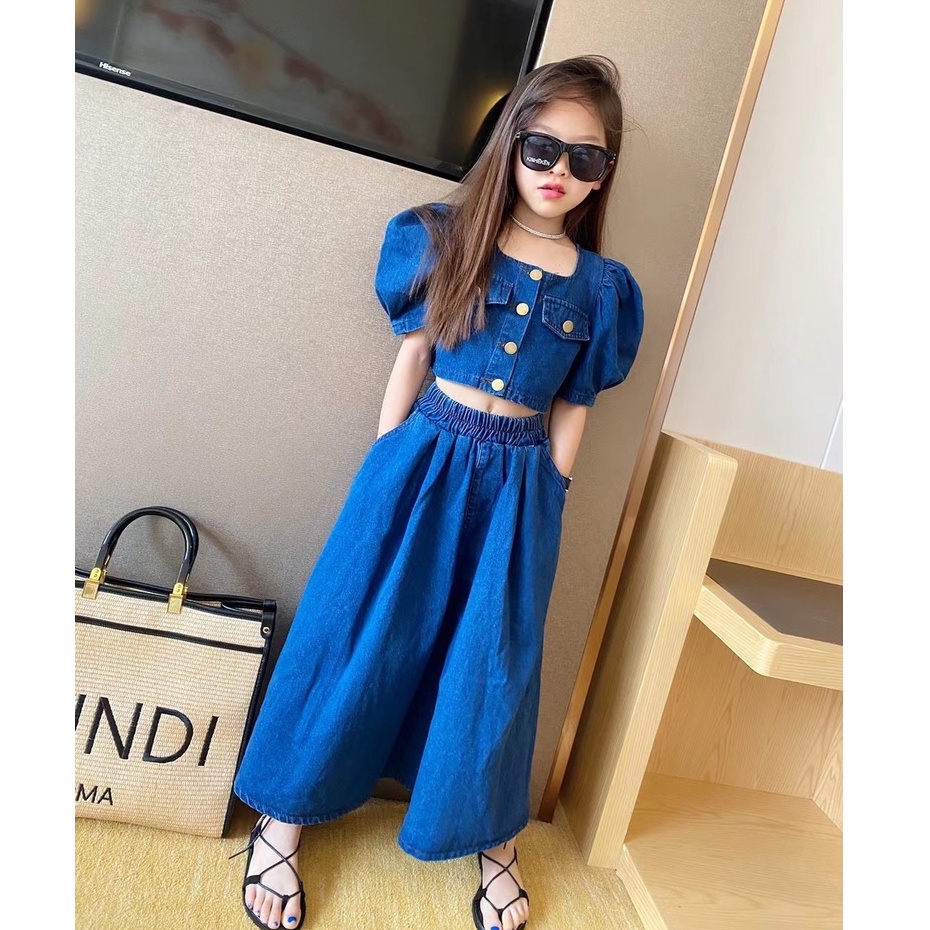 SSP30-Setelan Set Anak Remaja Besar Tanggung Crop Top Full Rok Jeans Set Fashion Korea