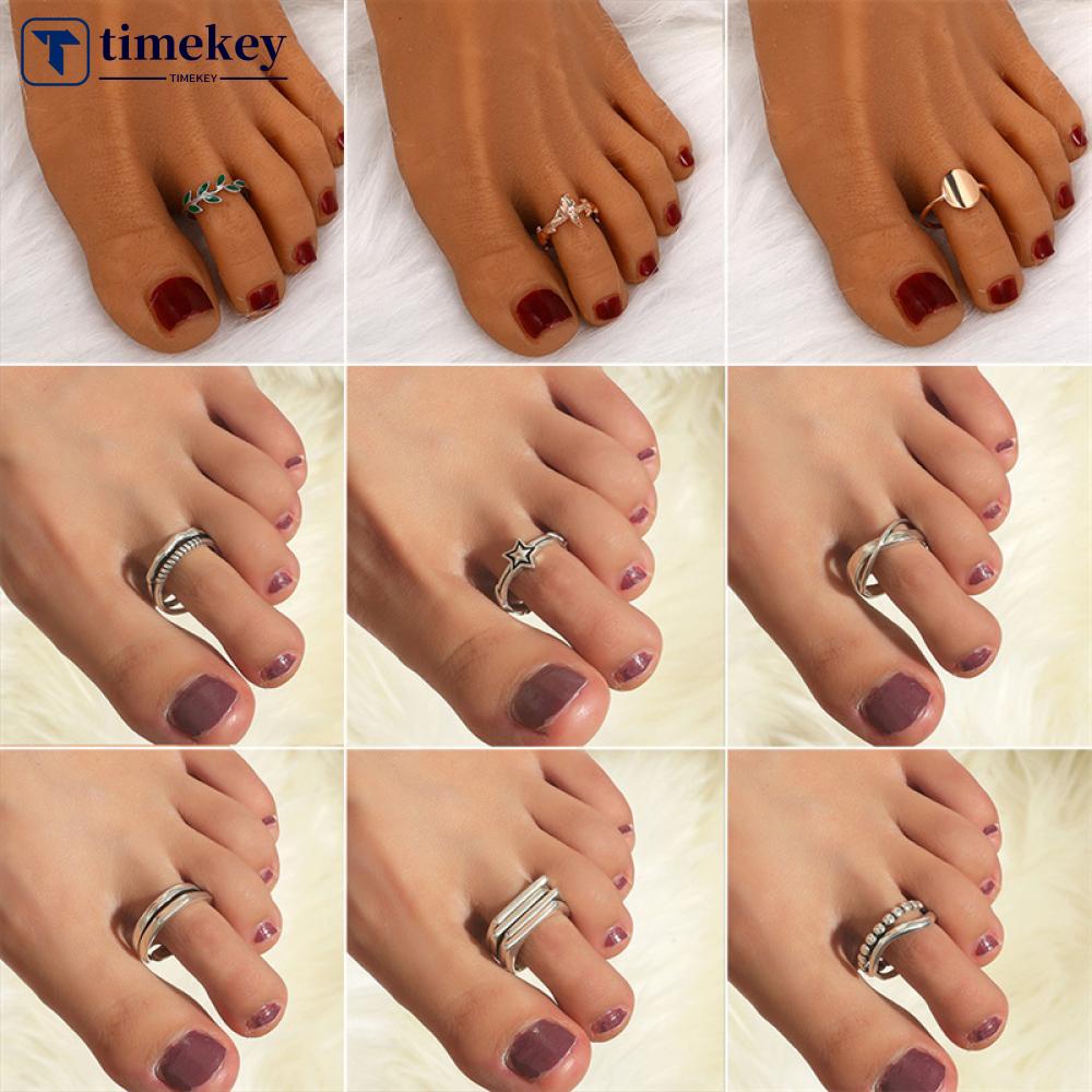 Timekey Cincin Kaki Bahan Metal Desain Geometri Hollow Gaya Simple Untuk Wanita S8U2