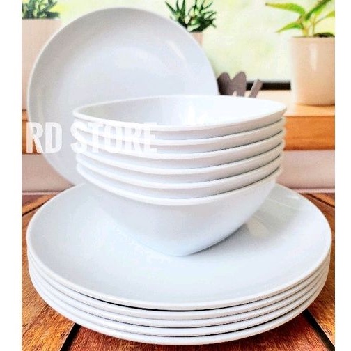 PROMO 12.PCS ISI 6.PIRING 6.MANGKOK MELAMINE POLOS. DIAMETER PIRING 23.CM 9.INC DIAMETER MANGKOK 15.CM 6.INC