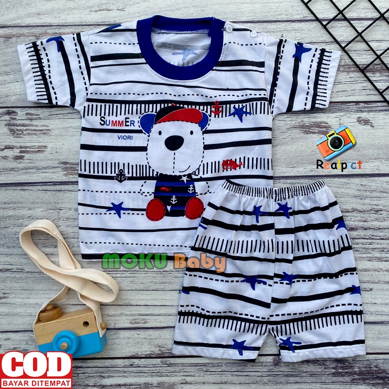 Setelan Baju Bayi Setelan Piyama Bayi Lengan Pendek Kancing Bahu Usia 3-12 Bulan Anababy