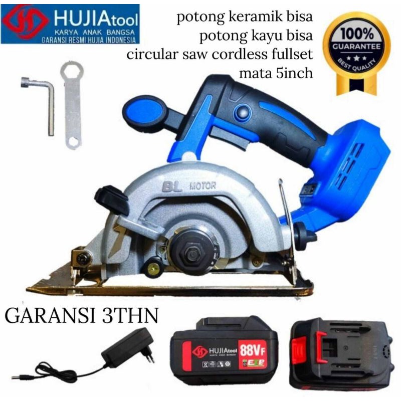 Mesin gergaji kayu circular saw cordless baterai SIRKEL potong triplek HUJIA 5INCH model makita