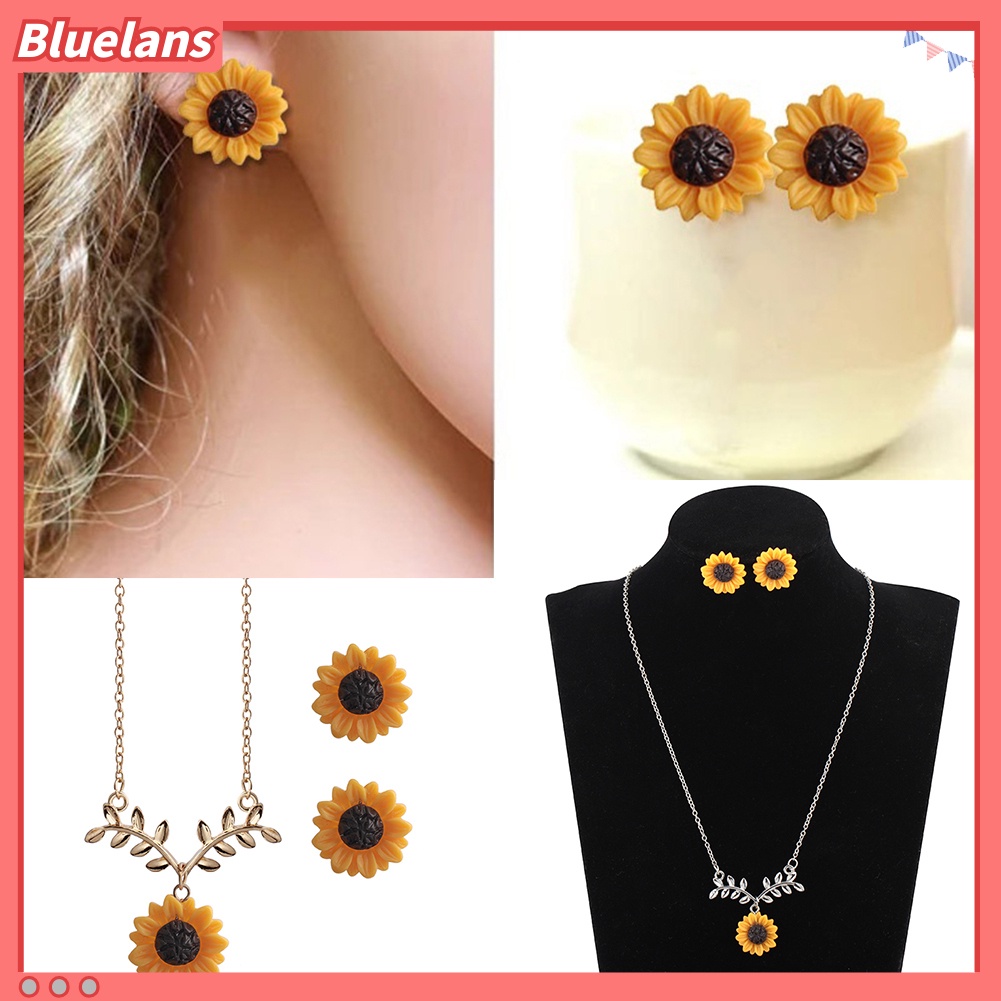 Bluelans Cute Sunflower Leaves Pendant Ear Studs Earrings Necklace Women Jewelry Set Gift