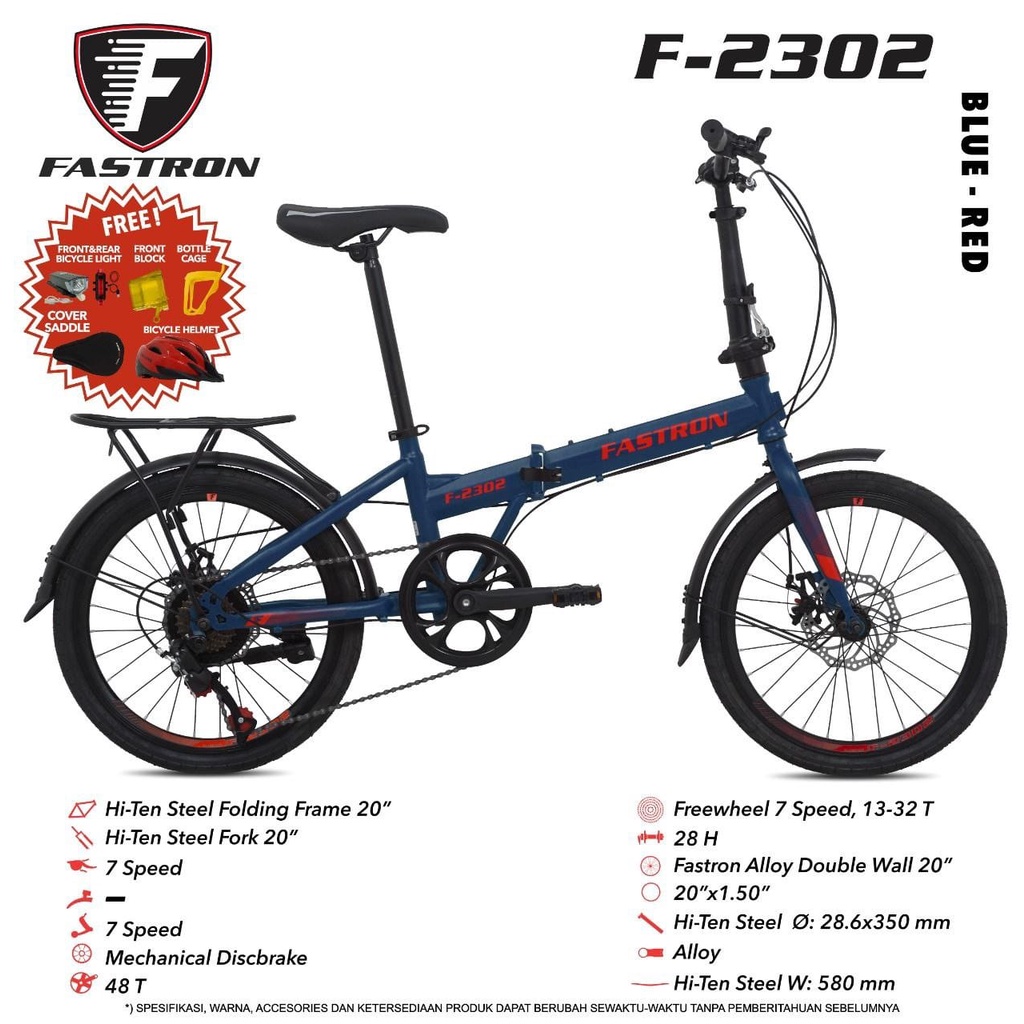 Sepeda Lipat Fastron 20&quot; F-2303 Rem Cakram 8 Speed Bonus Helm + Senter + Tempat Botol