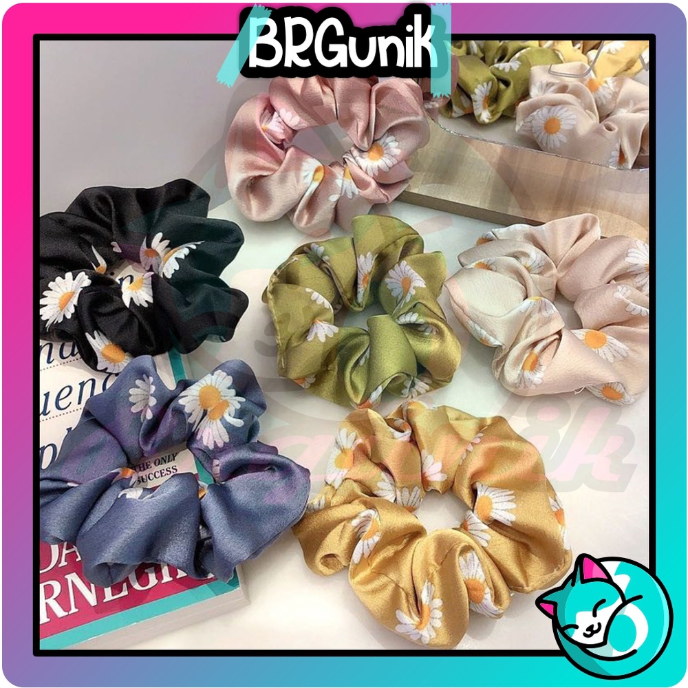 BRGUNIK Ikat Rambut Ponytail Model Bunga Daisy Bahan Satin Karet Elastis Gaya Korea Untuk Wanita/Scrunchie A069