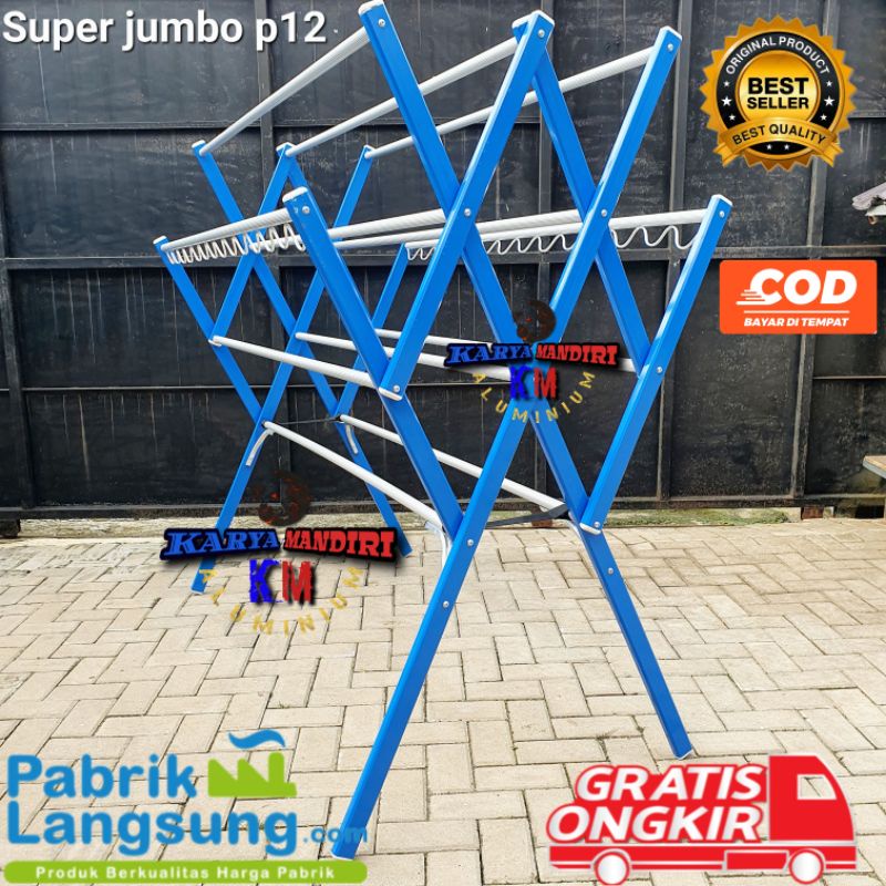 PREMIUM - Jemuran Baju Super Jumbo p12 / Pakaian / Lipat / Aluminium Warna /180 CM / 1,8 Meter / biru