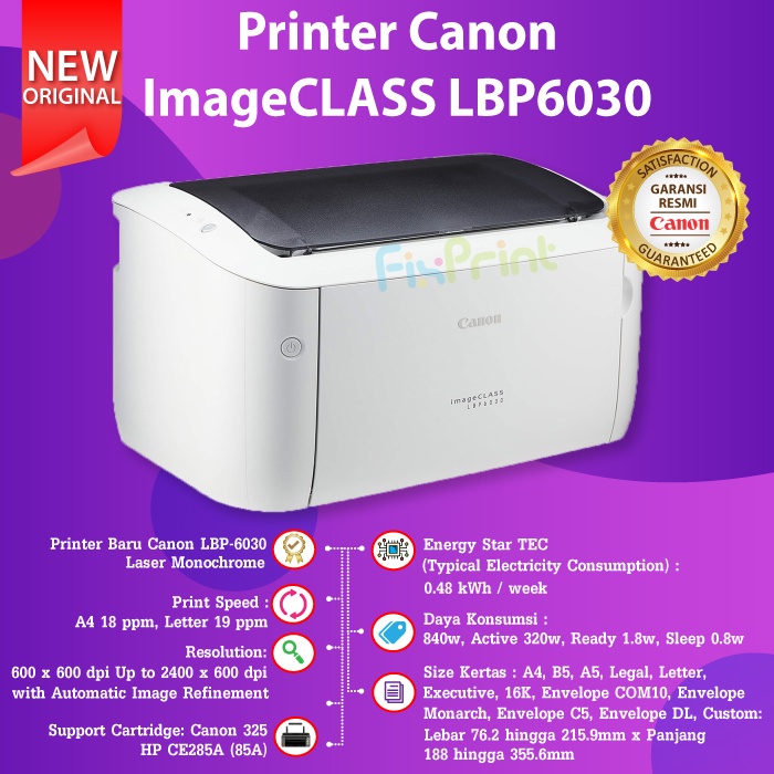 Printer Laserjet Canon LBP6030 LBP-6030 Monochrome Toner 325 / HP 85A