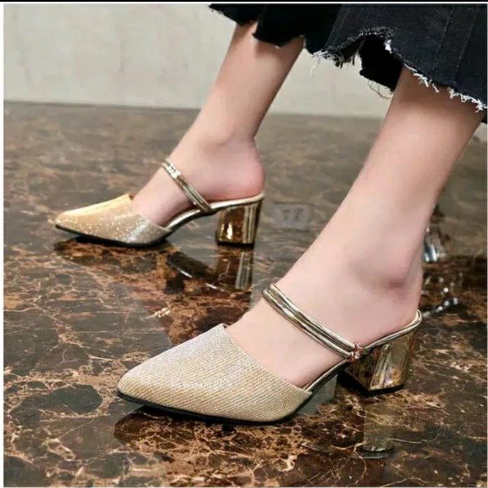 (COD) sandal wanita sepatu heels selop pesta bustong glamour - Gold, 40