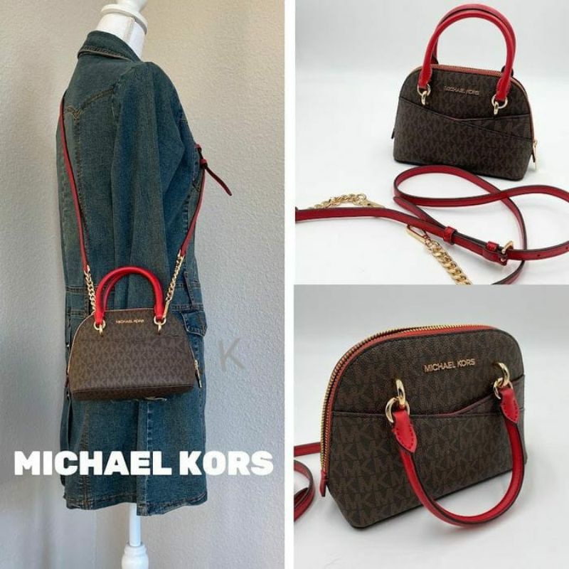 mk jet set travel xs dome satchel sign brown red flame k