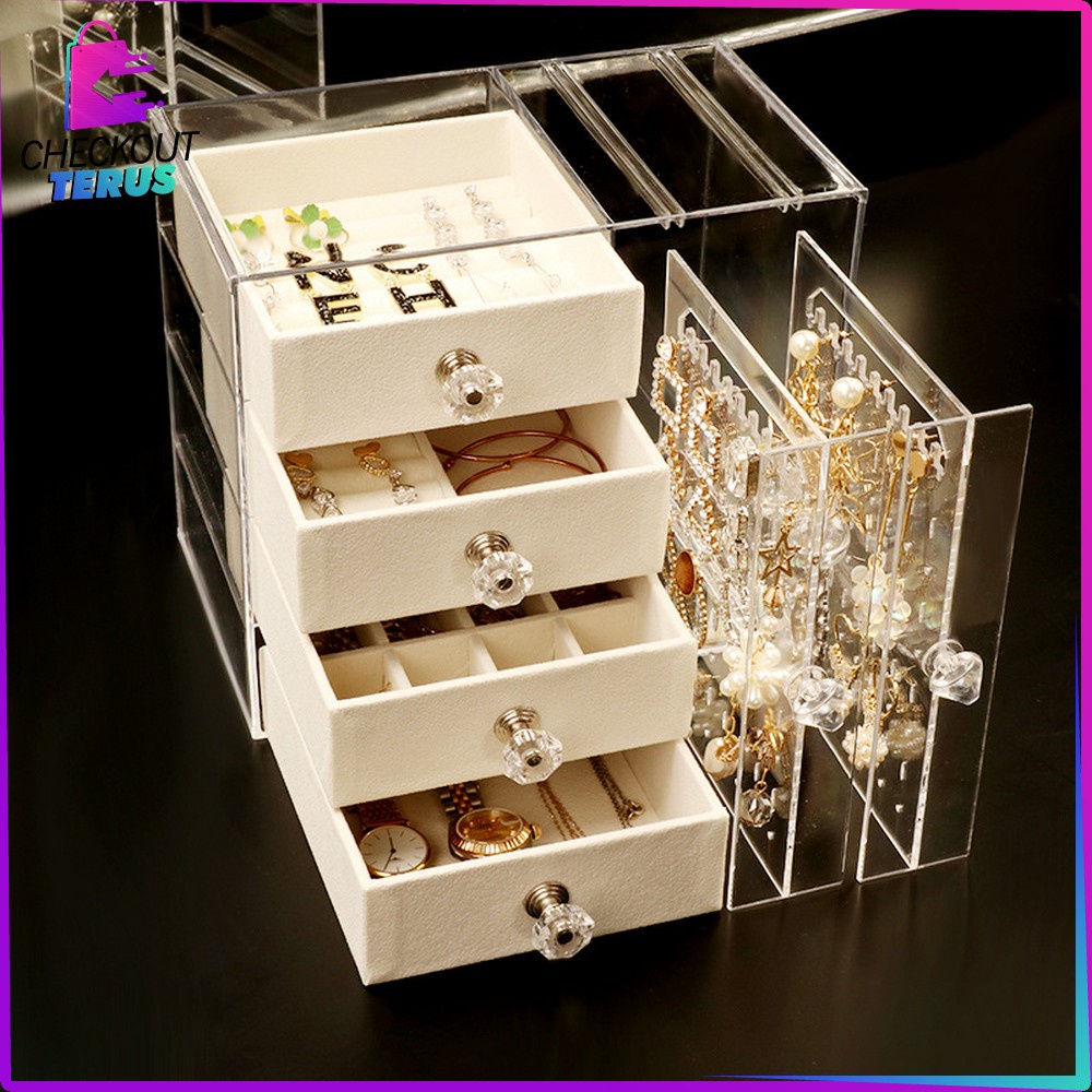 CT K136 Kotak Perhiasan Tingkat 4 Laci Rak Acrylic Organizer Anting Cincin Anti Debu soris Kalung Wanita Rak Kosmetik Multifungsi