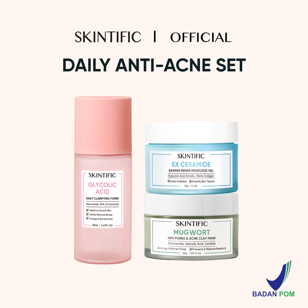 SKINTIFIC 3 pcs Daily Anti-Acne Set | 5% Ceramide Barrier Repair Moisture Gel 30g Moisturizer Pelembab Wajah + Mugwort Anti Pores &amp; Acne Clay Mask 55g Mud Mask Wash Off Mask Masker Wajah + Glycolic Acid Daily Clarifying Toner 80ml