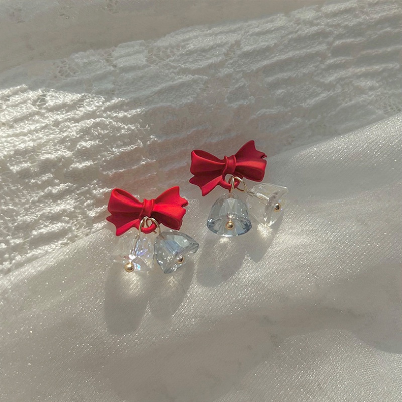 Anting Stud Desain Lonceng Natal Warna Merah Emas Aksen Kristal Gaya Korea Untuk Wanita